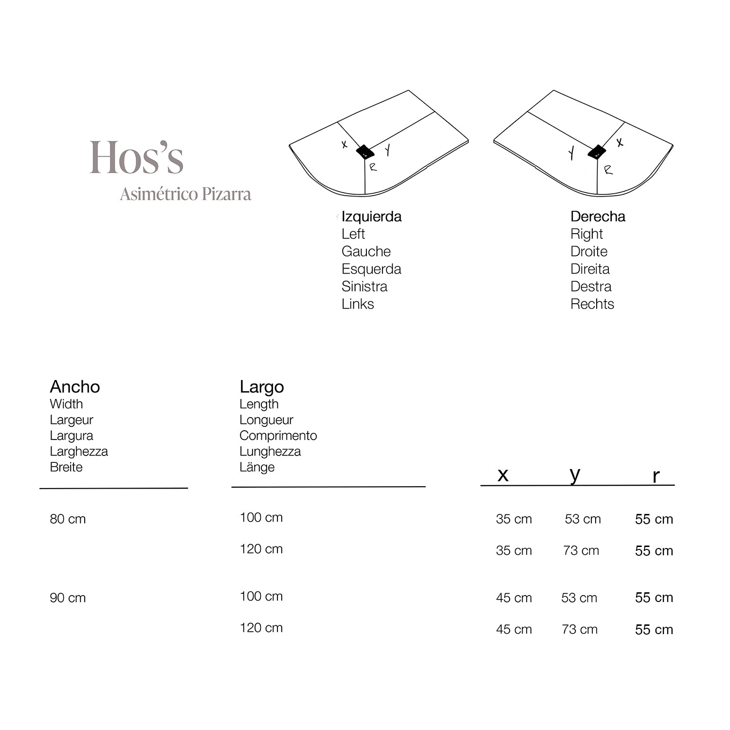 Hos’s Slate (Pizarra) · asimetrična — Risba z merami · asimetrična izvedba Pizarra, leva in desna krivina
