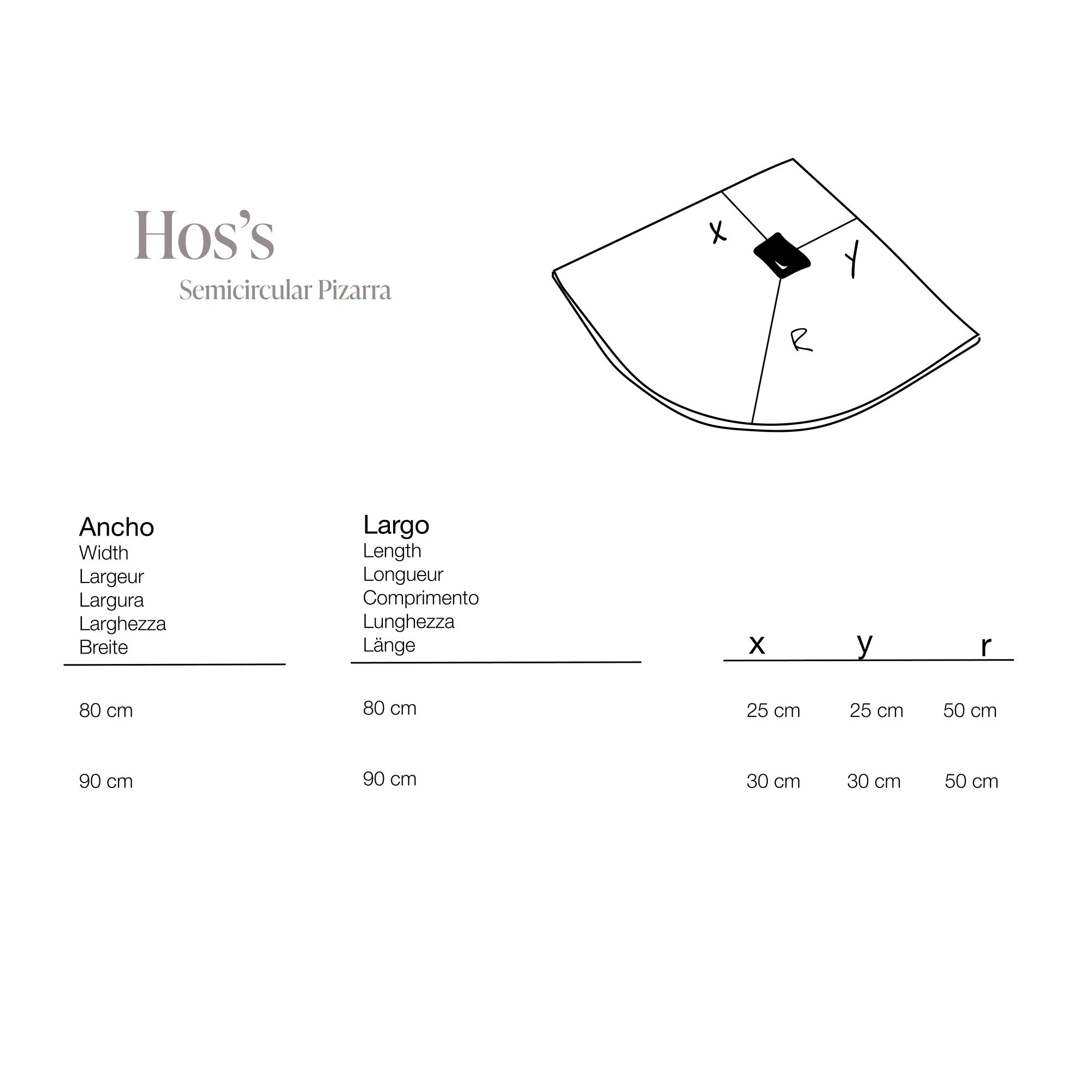 Hos’s Slate (Pizarra) · polkrožna s črno rešetko — Risba z merami · polkrožna izvedba Pizarra