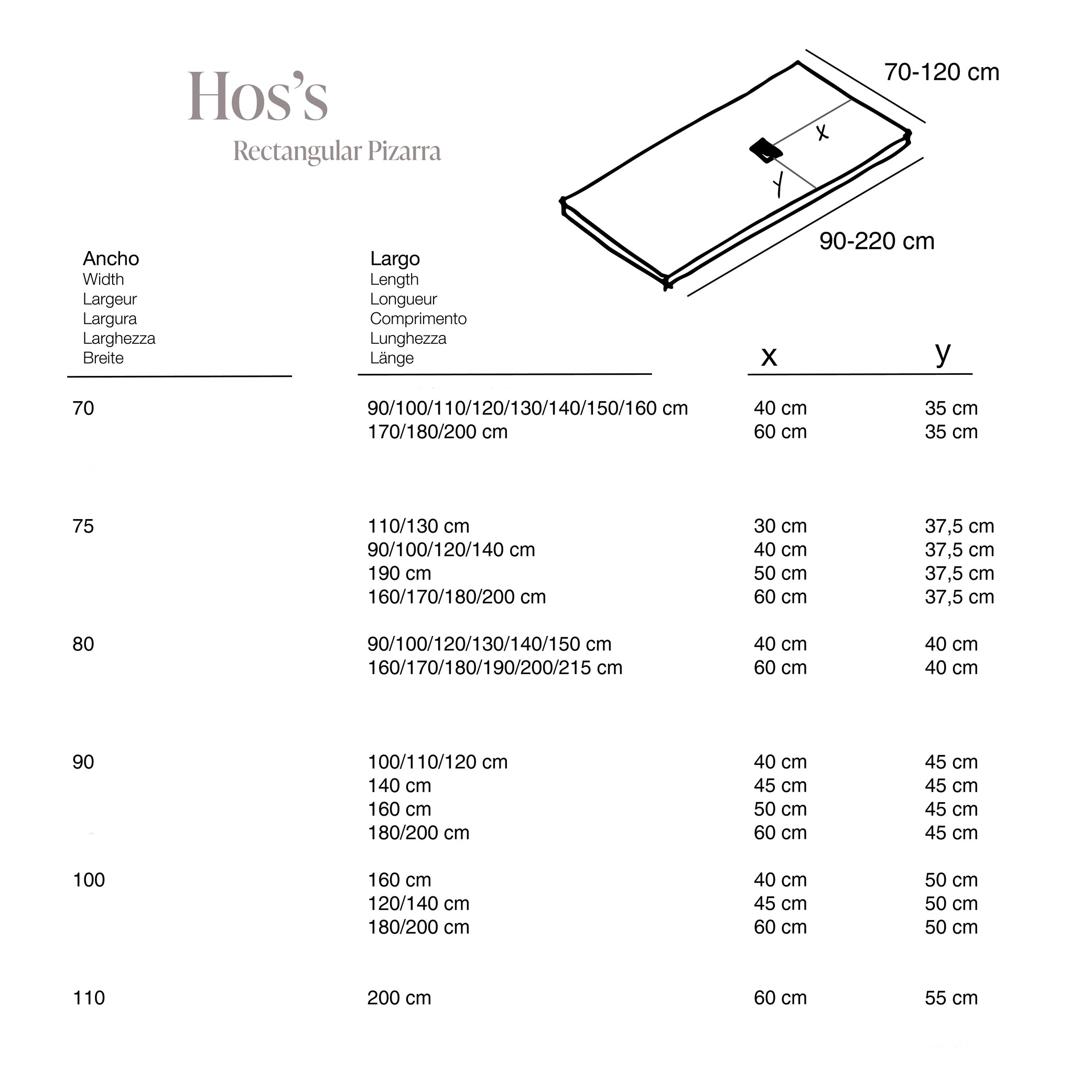 Hos’s Slate (Pizarra) · s črno rešetko — Risba z merami · pravokotna izvedba Pizarra